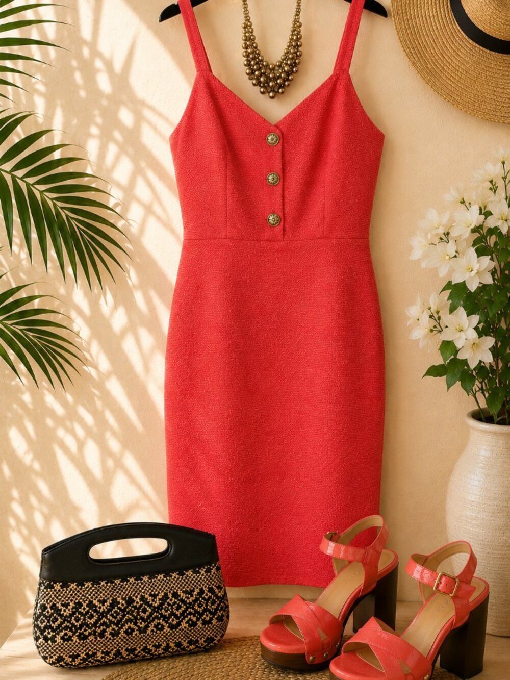 Boston Proper Coral Resort Chic Dress Gold Crest Buttons Size 8
